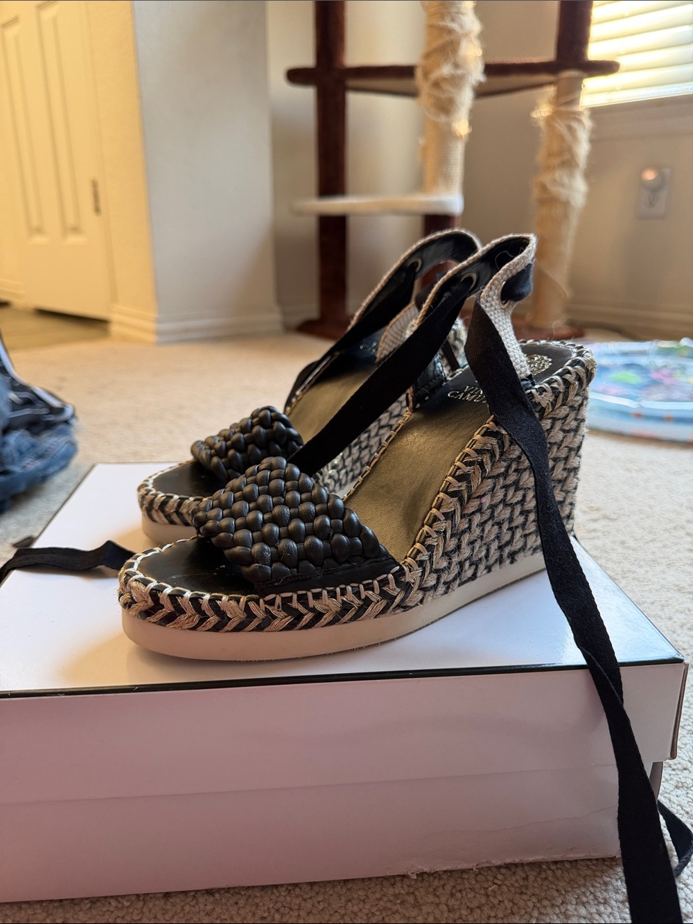 Vince Camuto Black Woven Espadrille Wedge Sandals